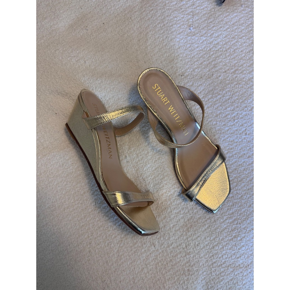 Stuart Weitzman Gold Metallic Leather Wedge Sandals Square Toe Slides Size 8